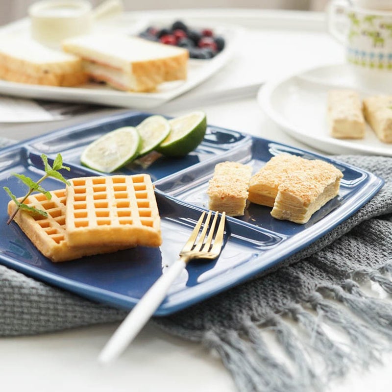 FLYING BALLOON Elegant Quadrate Shaped Ceramic Divided Plate Dinner Plates Luncheon Plates Salad Plates Dishes Best Gift for Kitchen, White/Dark Blue (1, Blue) - Image 3